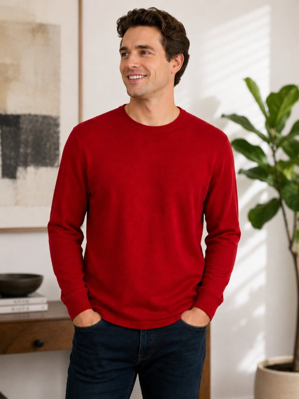 Henri Bendel Men's Classics Red 100% Merino Wool Crew Sweater – Size - Medium
